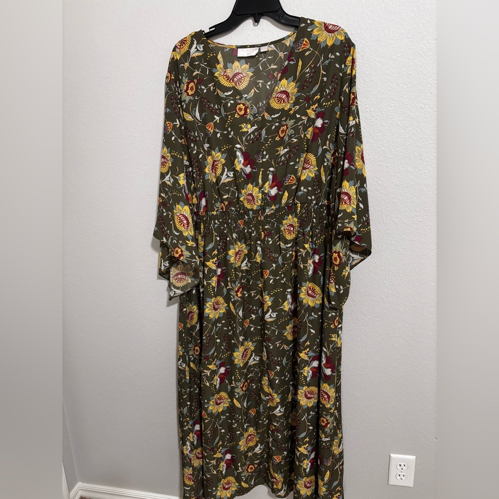 Belle by Kim Gravel Olive Maxi Dress with Yellow & Burgundy Floral Print